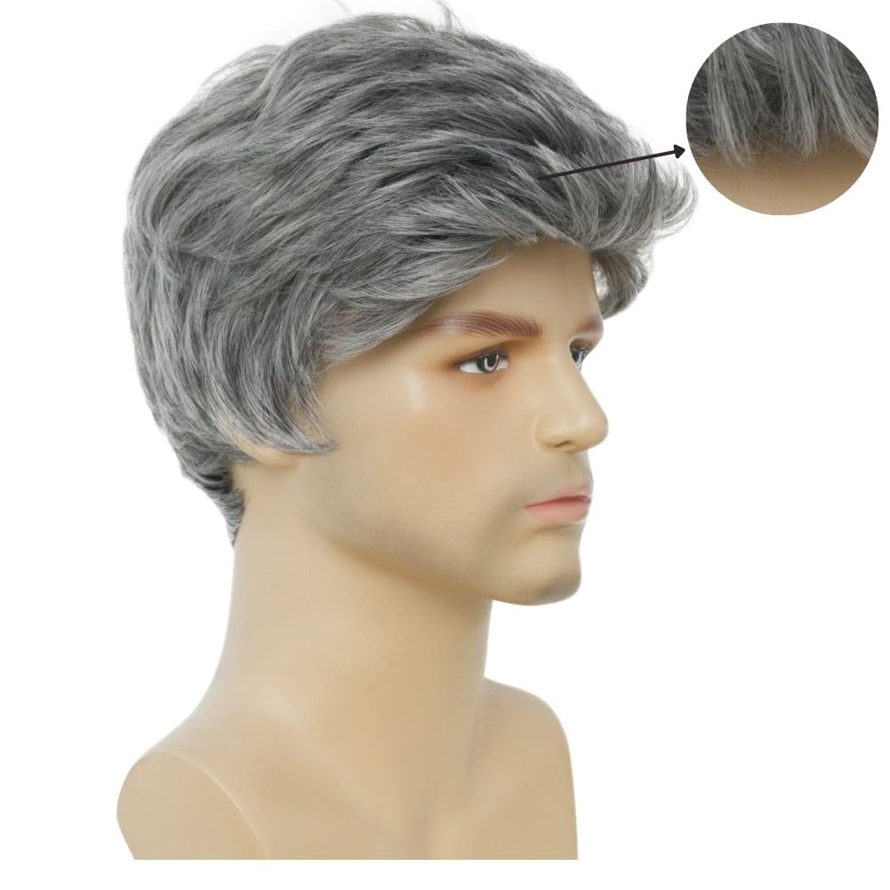 Salaibs Grey Short Wigs for Men Natural Layered Synthetic Hair Wig Realistic Heat Resistant Male Daily Cap Wig - Image 3