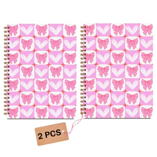 Image of 2Pcs Bow Notebook, Pink Bow Heart College Ruled Spiral Notebook, 160 Pages Hardcover Notebooks Journals for Writing Travel Business Office, Cute Pink Aesthetic Notebooks for Women
