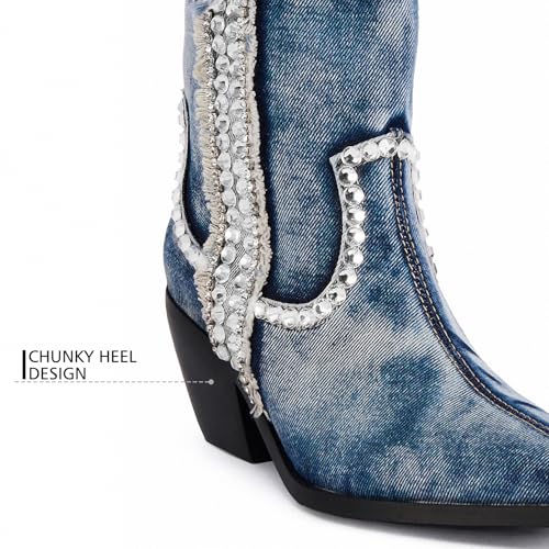 Women Denim Rhinestones Cowboy Mid Calf Boots Almond Pointed Chunky Block Heel Sparkly wide calf Western Boots2