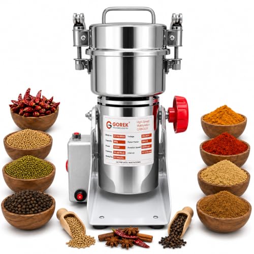Image of Gorek Technologies High Speed 2000W Masala Grinding Machine | Portable Stainless Steel Dry Mixer Grinder for Grains, Spices, Herbs, Masala, Seeds, Home & Commercial Use | 500g Capacity (GT-PG-500S)