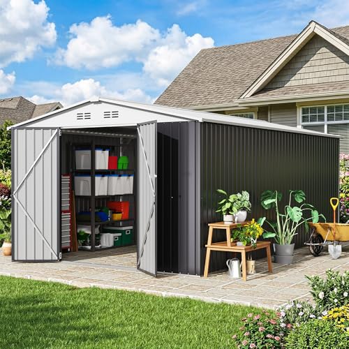 Image of AirWire 10x16 FT Outdoor Metal Storage Shed, Heavy-Duty Galvanized Steel Tool Shed with Lockable Doors, Waterproof Garden Shed for Backyard, Patio, Lawn, White