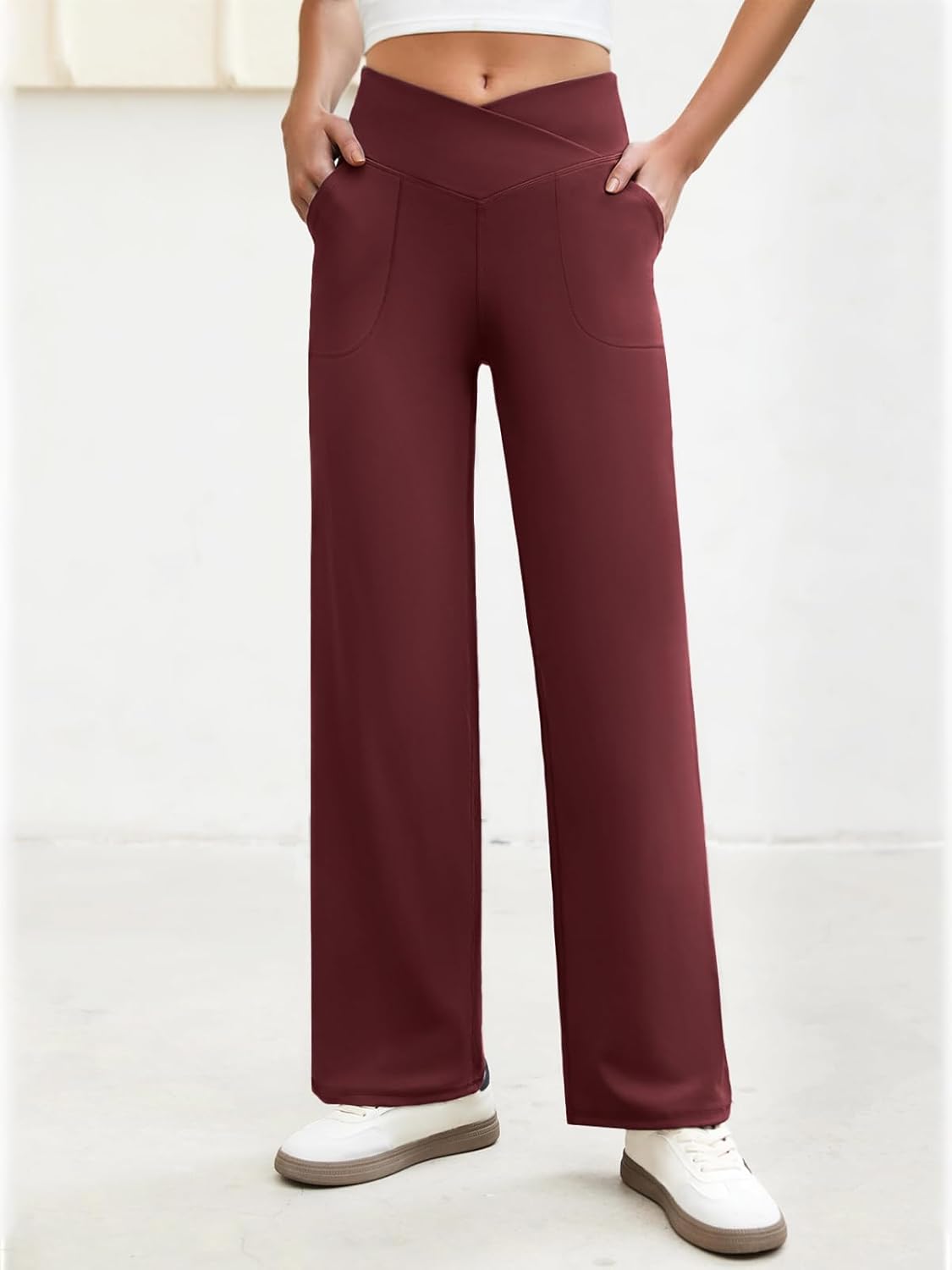 Wide Leg Pants Woman Crossover Yoga Pants with Pockets Loose Stretchy Work Dress Pants Casual Lounge Sweatpants - Image 2