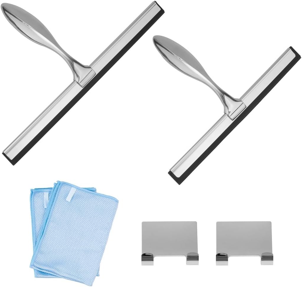 2-Piece Stainless Steel Shower Squeegee Set, 10” & 12”, with Microfiber Cloths and Wall Hooks for Glass Cleaning