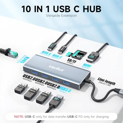 Image of Verilux Multiport USB C Hub 10 In 1 USB C Hub with 100Mbps Ethernet Port, 4K@60Hz HDMI SD /TF Card Slots, Supports 100W PD Fast Charging & 5 Gbps Data Transmisson Portable USB C Hub for PC, Laptop, PS