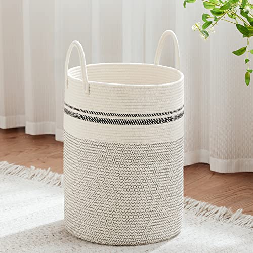 Image of VIPOSCO Large Laundry Hamper, Tall Woven Rope Storage Basket for Blanket, Toys, Dirty Clothes in Living Room, Bathroom, Bedroom - 58L Stripe White