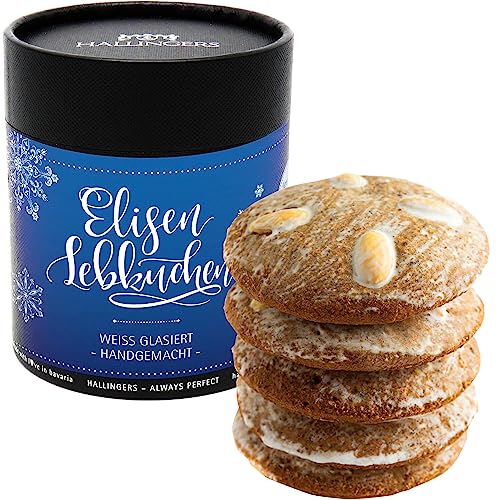 Hallingers Blanco Glaseado - 5 jugosas galletas de jengibre Elisen alto porcentaje de núcleo hecho a mano en elegante caja de papel (lata) - Día de San Valentín como regalo para él y regalo para ella