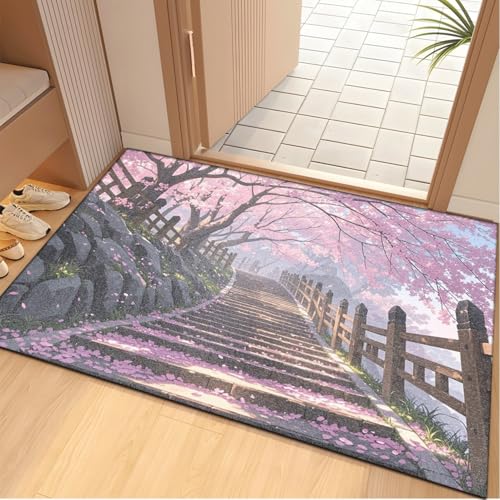 Antideslizante Alfombra 80x120 cm Puente Árbol Rosa Felpudo Exterior Terciopelo Corto Absorbentes Antideslizante Lavable para Baño Cocina Oficinas Alfombras Puerta Entrada