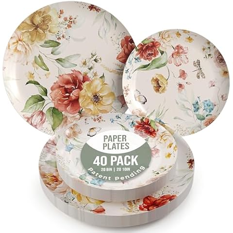 Trendables Floral Paper Plates 40 Pcs Fancy Disposable Plates for Party Set - 20 Guests 20 X 8 Small Paper Plates Dessert Plates & 20 X Large Paper Plates 10 Inch Paper Plates Bulk | Aviv Cover