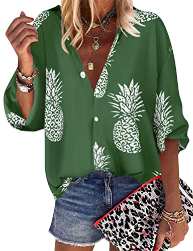 ZXZY Women Pineapple Printed Lapel Collar Half Sleeves...