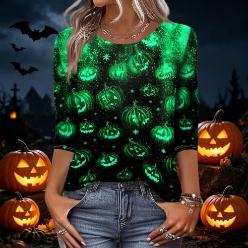 Image of Women Spooky Halloween Graphic Shirt 3 /4 Length Sleeve Crewneck Top | Halloween Funny Printed Pumpkin Plus Size Tshirts 2026 Fall Outfits Skeleton Tee Going Out Tops