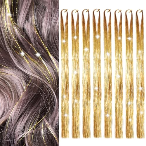 Hair Tinsel 8 Packs 1600 Strands 50 Inch Tinsel Hair Extensions Gold Heat Resistant Glitter Sparkling Shinny Fairy Hair Accessories for Women(Gold 50Inch)