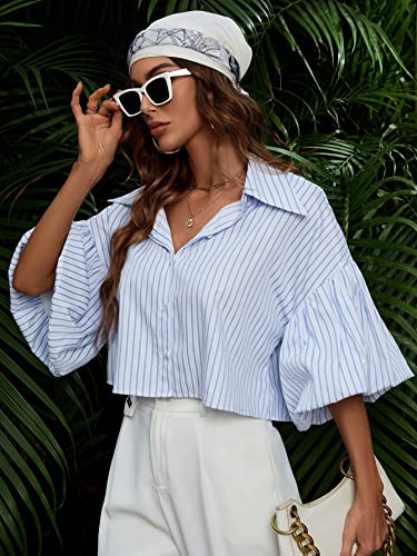 Verdusa Women's Striped Puff Sleeve Crop Blouse Tops Drop Shoulder Button Up Shirts Concert Festival Outfits3