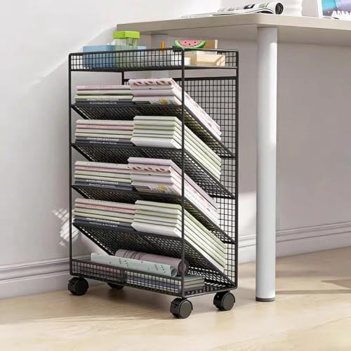 Estantería compacta con ruedas, carrito de almacenamiento de metal móvil para espacios pequeños, estante de exhibición de esquina y organizador de revistas
