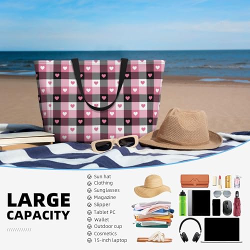 Large Beach Bags Water-resistant Sandproof - Pink heart plaid Cute Beach Tote Bags for Women with Zipper4
