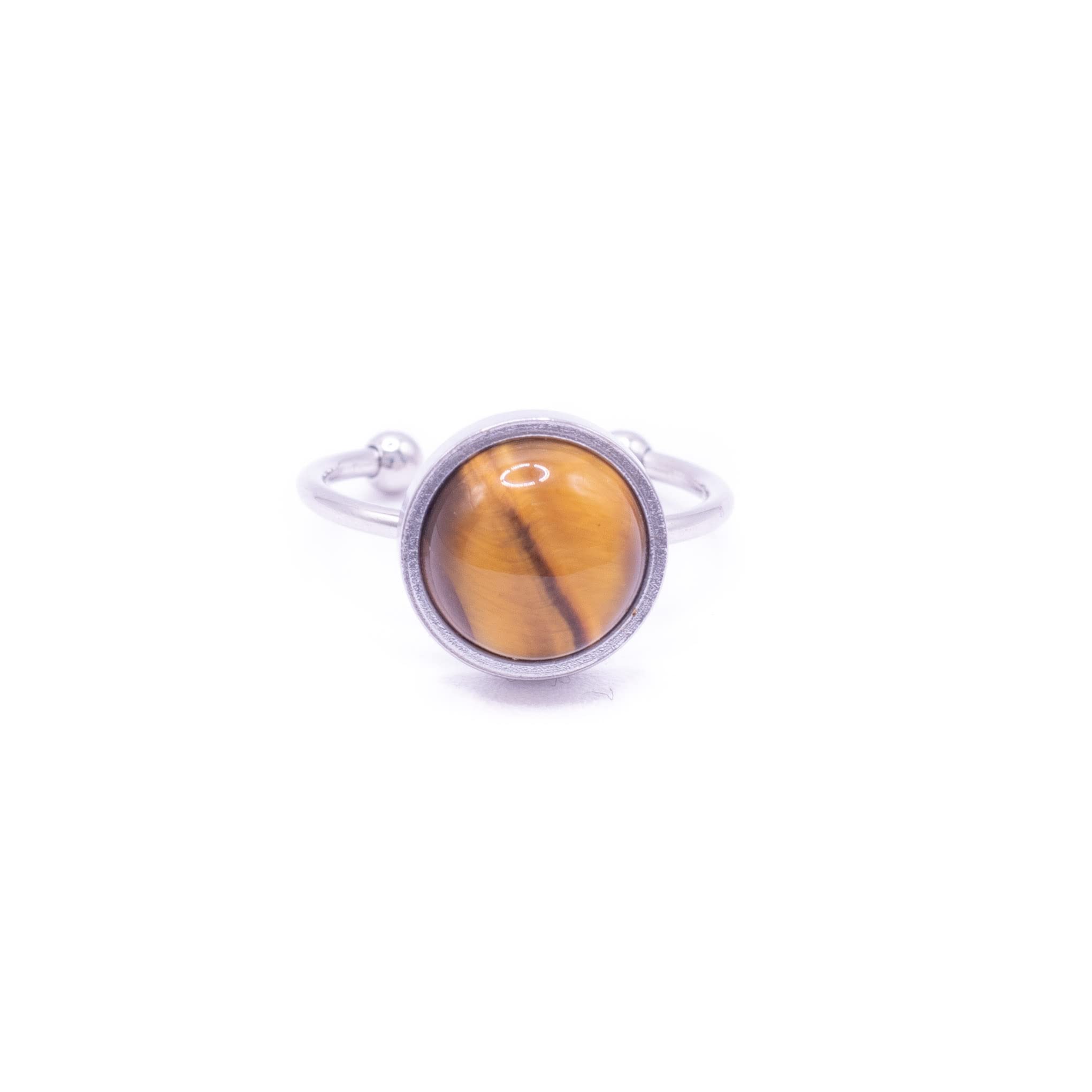 Handmade Anillo de acero inoxidable y piedra natural. Anillo ajustable con piedra protectora. Anillos para mujer. (Marrón (ojo de tigre), Plateado)