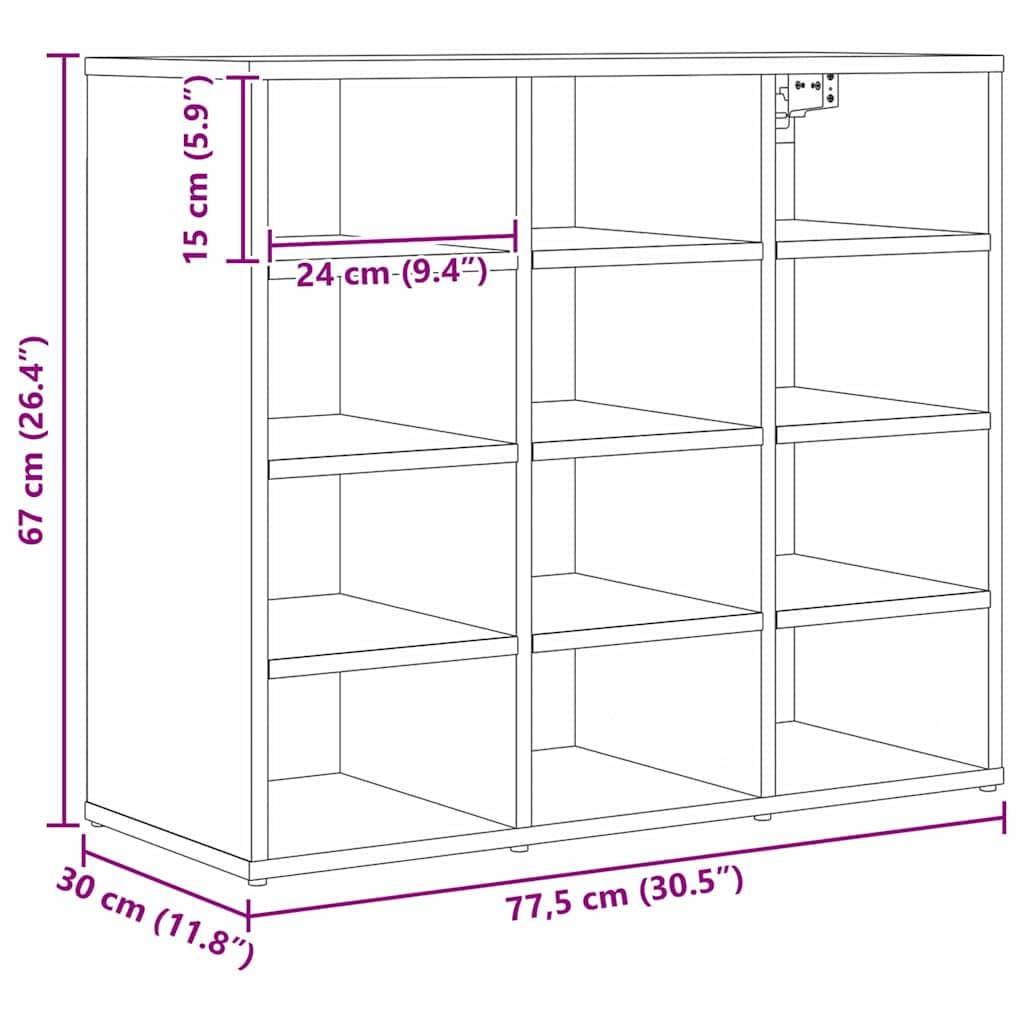 Schuhschrank mit Regal Schwarz Eichen-Optik aus Holzwerkstoff 77,5 x 30 x 67 cm mit 12 Regalbrettern, Schuhregal platzsparend, Schuhablage, Schuhständer, Schuhgestell, Schuhaufbewahrung