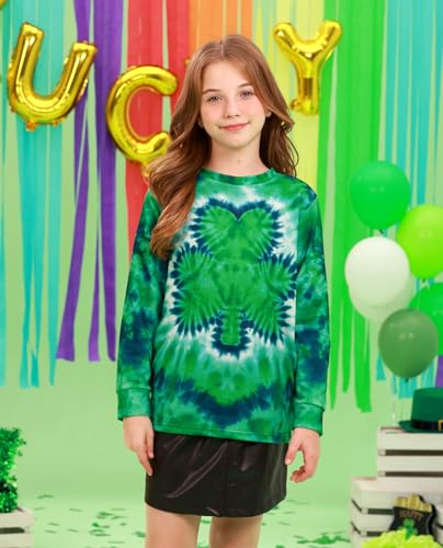 Image of Unisex Kids St. Patrick's Tie Dye Irish Clover Long Sleeve Shirt Shamrock Green Sweatshirt 6-14 Years