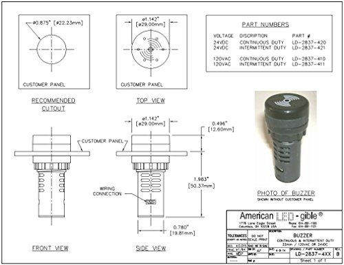LED Andon LD-2837-421 22mm Panel Mount Buzzer, 24V, Intermittent
