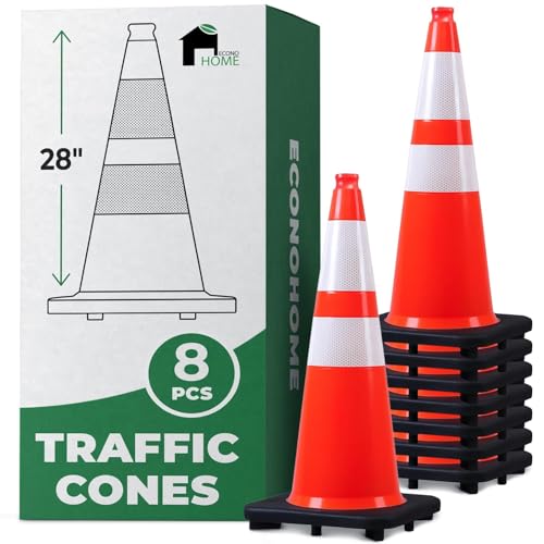 Econohome Reflective Traffic Cones - 5.3 Lbs Weighted Orange Safety Cones For Parking Lot, Traffic Control, Construction, Road Safety - Heavy Duty Square Base, Flexible Pvc - 28-Inch Tall - 8-Pack