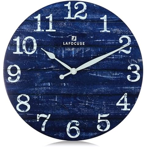 Lafocuse 12 Inch Silent Non Ticking Farmhouse Navy Blue Wall Clock Battery Operated, Vintage Shabby Chic Wooden Wall Clock for Living Room Decor Kitchen Bedroom Office-Version 2.0 Cover