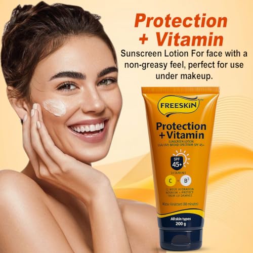 Image of Free Skin Protection + Vitamin Sunscreen Lotion SPF 45+ | Broad Spectrum UVA /UVB | Enriched with Vitamin C & B3 | 12 Hrs Hydration | Nourishes & Protects from UV Damage | All Skin Types | 200g