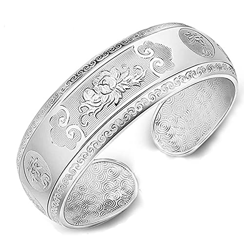 Brazalete de peonía tallado a mano en plata clásica para mujer