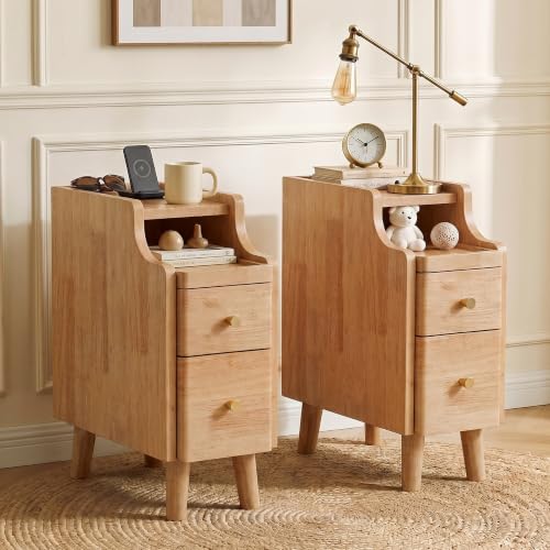 Image of Narrow Nightstand Set of 2, 19.7 inch H Pre-Assembled Solid Wood Small Skinny Night Stand with Drawers, Open Sliding Shelf, Mid Century Modern Slim Bedside Table for Bedroom, Natural Oak,8 inch