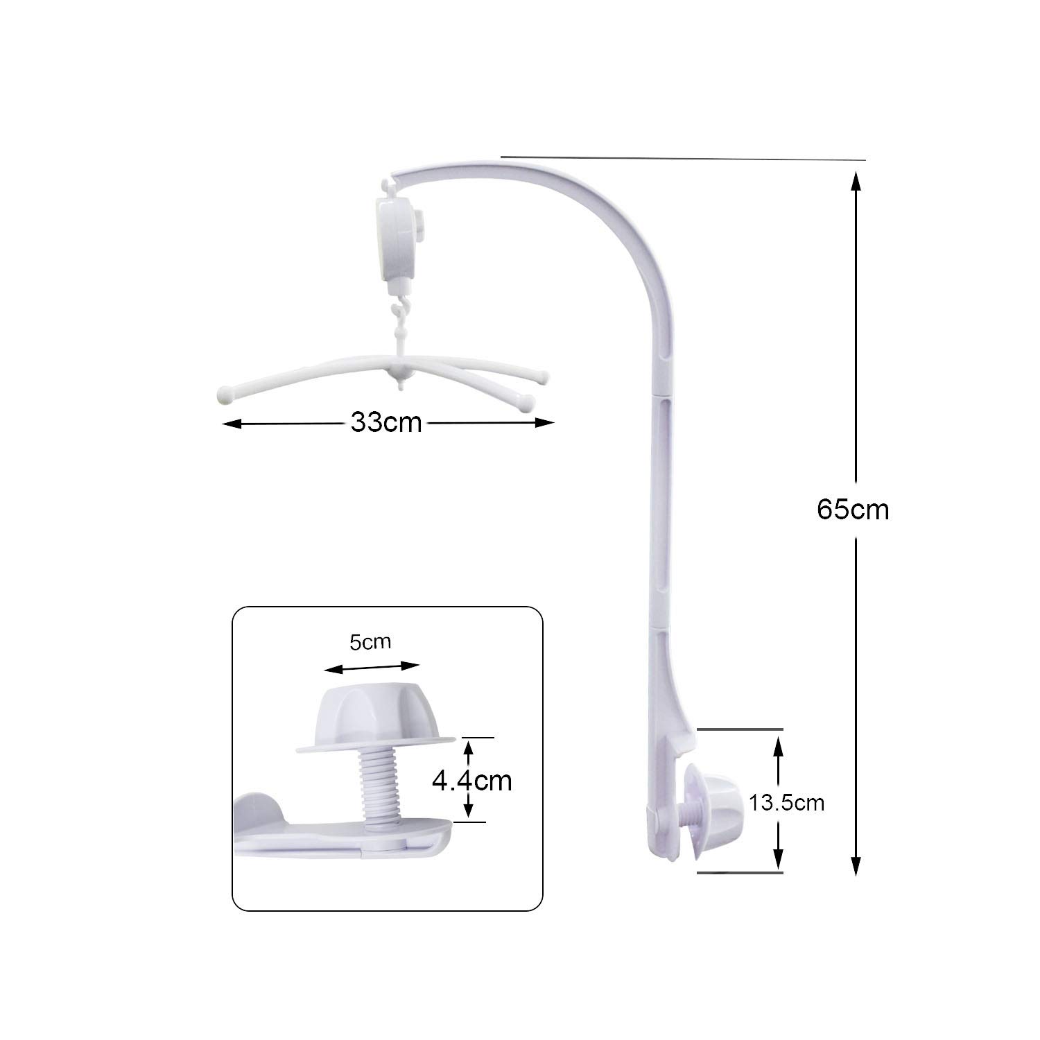 Caja de música móvil para cuna de bebé blanca de 26 pulgadas, soporte de brazo, soporte de brazo de tuerca, tornillo de tuerca, caja de música, juego de piezas para cama de bebé Perambulador (sin 3