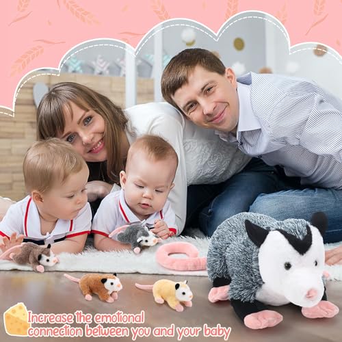 Image of Hollowfly 5 Pcs Opossum Stuffed Animal Mommy with 4 Baby Possum Plush Toy