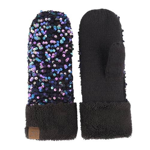 C.C Sequin Mittens For Women - Stretchable Soft Warm Cold weather Winter Gloves (Purple/Black)