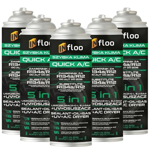 5x INfloo Quick A/C 5en1 – Gaz R134a avec huile, colmatant, traceur UV et déshydratant + gants de protection