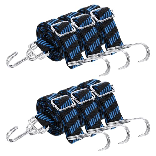 Image of uxcell 6Pcs Adjustable Bungee Cords with Hooks, 39 Inch Flat Heavy Duty Elasticity Straps Rubber Bungee Cords with Buckle for Outdoor, Camping, Tarp, Bike Rack, Luggage, Black Blue