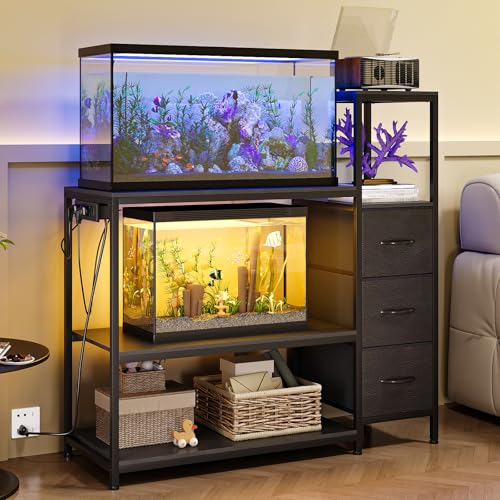 Image of 20 Gallon Aquarium Stand with Power Outlets Fish Tank Stand with 3 Drawers Metal Frame Heavy Duty Reptile Tank Stand with 3-Tier Storage Shelves,Left /Right Assembly, Adjustment Height (Black)