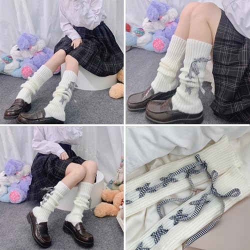 Image of Triplewood Y2K Warm Long Leg Warmers for Women White Knitted Girls Leg Warmer Socks Winter Accessory