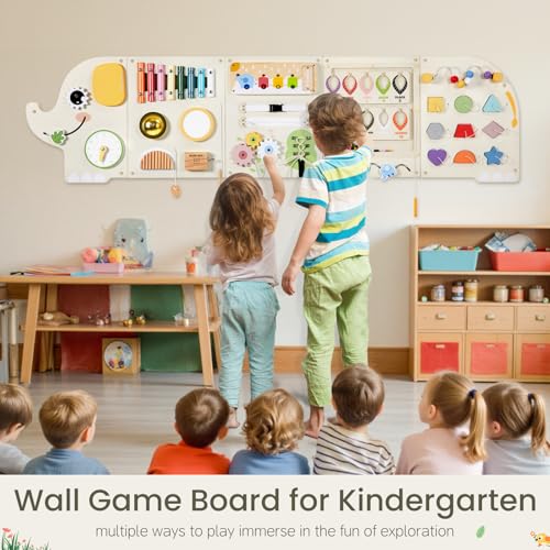 Image of Elephant Activity Wall Busy Board Panels,Wooden Montessori Learning Activity Center Sensory Toys Wooden Sensory Wall Panel for Kids Ideal Furniture for Playroom Daycare Dentist Waiting Room Nursery