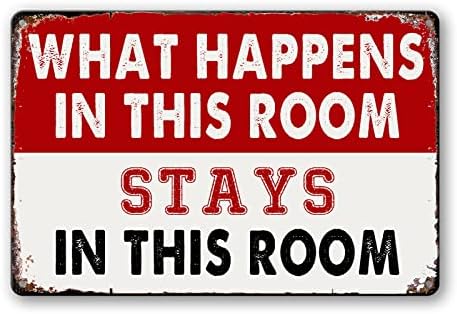 Room Signs Man Cave Wall Decor For Men Funny Metal Tin Bedroom Sign What Happens In This Room Stays In This Room Signs Vintage Dorm Door Decorations For Guys Mens Room Accessories And Signs Women Gift 8 X 12 In