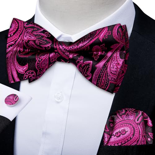 Image of DiBanGu Paisley Pre-Tied Bow Ties for Men Silk Adjustable Bowtie and Pocket Square Cufflinks for Wedding Party