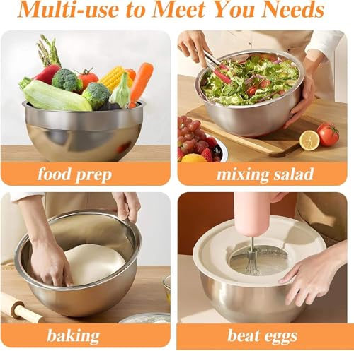 Image of Mixing Bowls with Airtight Lids, 5PCS Stainless Steel Khaki Nesting Bowls with 3 Grater Attachments, Non-Slip Bottom Metal Salad Bowls for Kitchen, Cooking, Baking & Food Prep