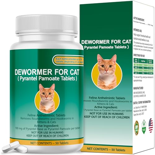 Bingbrofam Cat & Kitten Dewormer for All Wormers, Pyrantel Pamoate, Roundworms & Hookworms, 50 Tablets