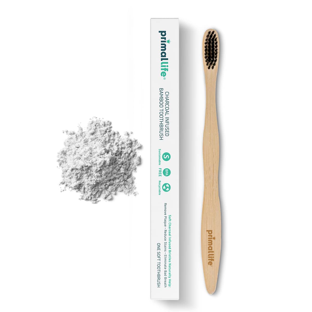 Primal Life Organics – Charcoal Toothbrush, Made with Charcoal & Bamboo, Biodegradable, BPA-Free, Perfect for Kids & Adults, Recyclable, Gently Massages Gums & Teeth, Zero Waste Toothbrush, (1-Pack)