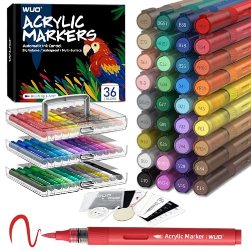 WUO 36 Colors Acrylic Paint Markers Acrylic Paint Pens and Acrylic Markers with Brush Tip Automatic Ink Control No-Bleed Paint Markers for Rock Wood Canvas Glass Ceramic Fabric