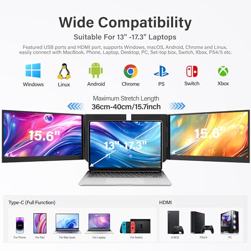 Image of Laptop Screen Extender Monitor Portable, 15.6 inch FHD 1080P Triple Laptop Monitor Extender, Two Cable Plug-Play for 13-17.3 inch Laptop, Ultra-Thin 0.16 inch Laptop Extended Monitor for Mac /Win /Android
