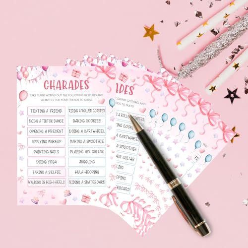 Image of Pink Slumber Party Games Card - Coquette Pink Bow Themed Sleepover Slumber Party Supplies- Birthday Night Games Creative Idea -Sleepover Stuff- Charades- 20 Game Cards