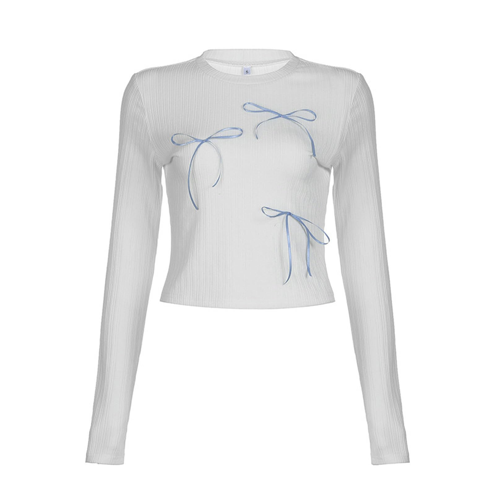 T-Shirt avec Coutures à Lacets et Haut tricoté à Manches Longues et col Rond de Couleur contrastée-Blanc-M