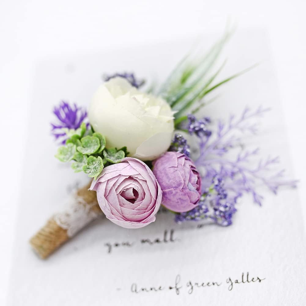 Ansofi Set of 6 Purple Boutonniere for Best Men Groom Groomsmen White Buttonholes for Wedding Party Prom Decoration
