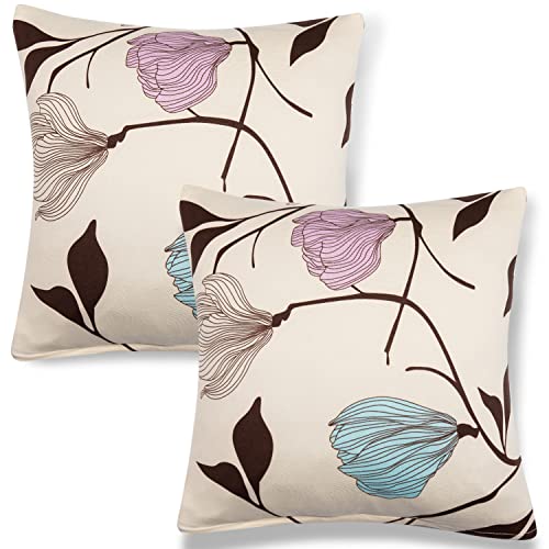 Image of HOKIPO Stretchable Cushion Cover 16 inch x 16 inch, Pack of 2 (NW-4098-D20*2)(95% Polyester, 5% Spandex,Beige Brown Leaves)