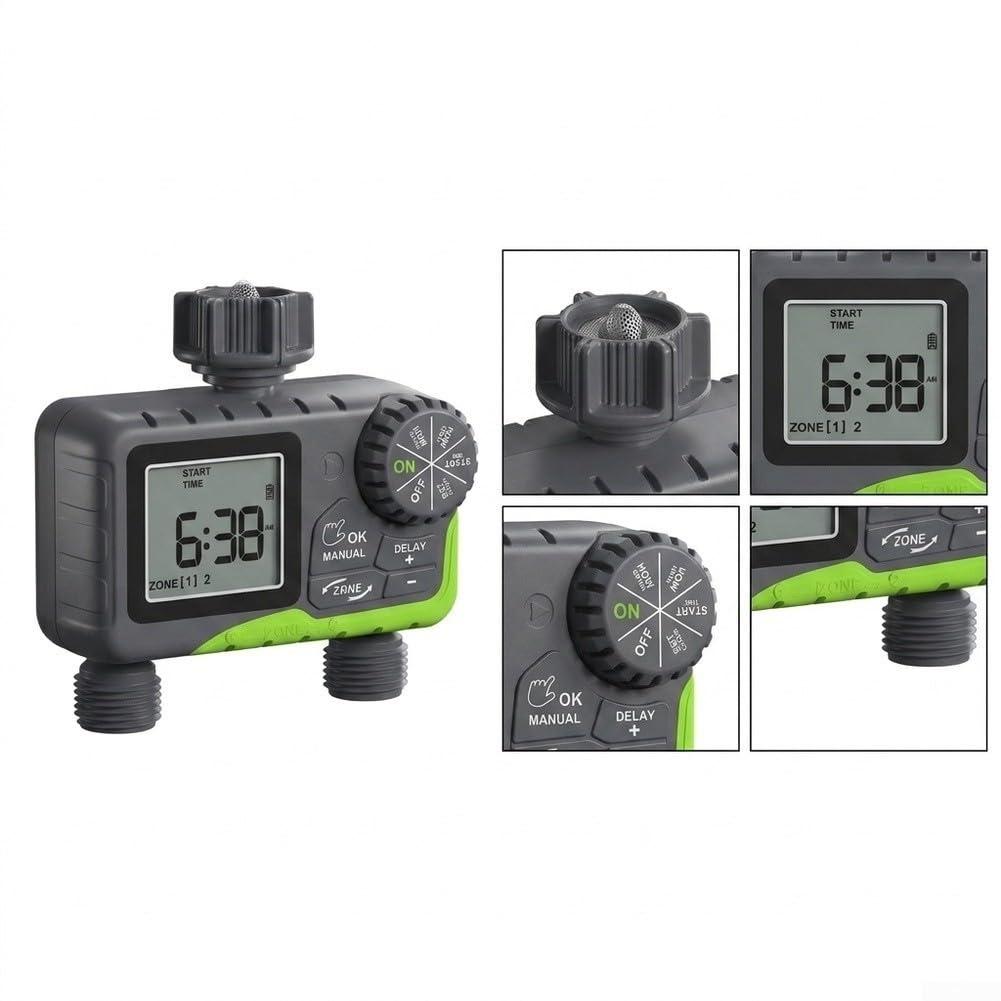 Timer automatico dell'acqua a 2 zone, regolatore con ritardo di pioggia, per sistemi di irrigazione da giardino del Regno Unito, display LCD digitale (B)