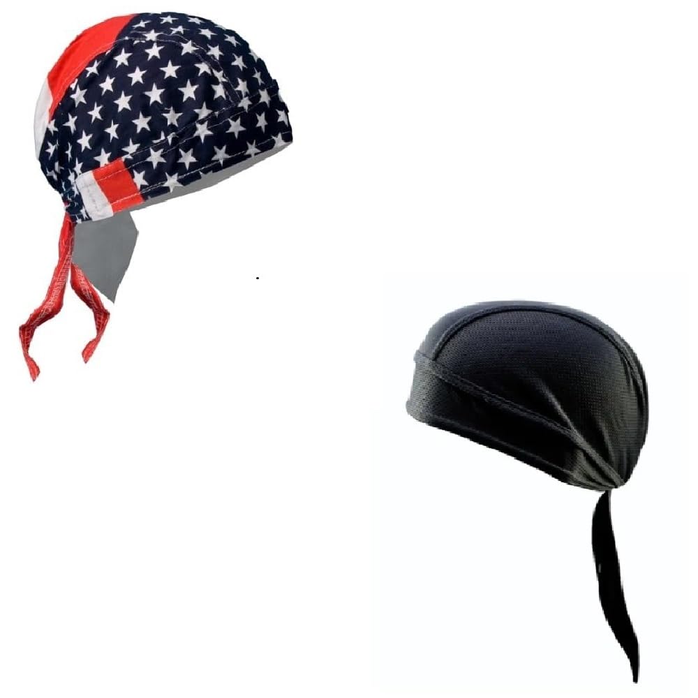 Generic Lot or Set of 2 Patrotic American Flag and Solid Black Moisture Wicking Headwrap Durag Skull Cap