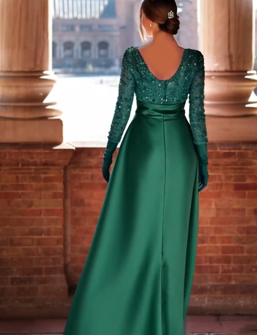 Long Sleeves Prom Dresses for Women 2026 Satin Sequin A Line Sparkly Formal Evening Gowns