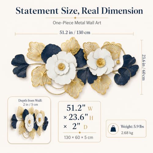 BIOGRN 3D Floral Metal Wall Art, 51"x24" Large Horizontal Metal Wall Decor - Image 5
